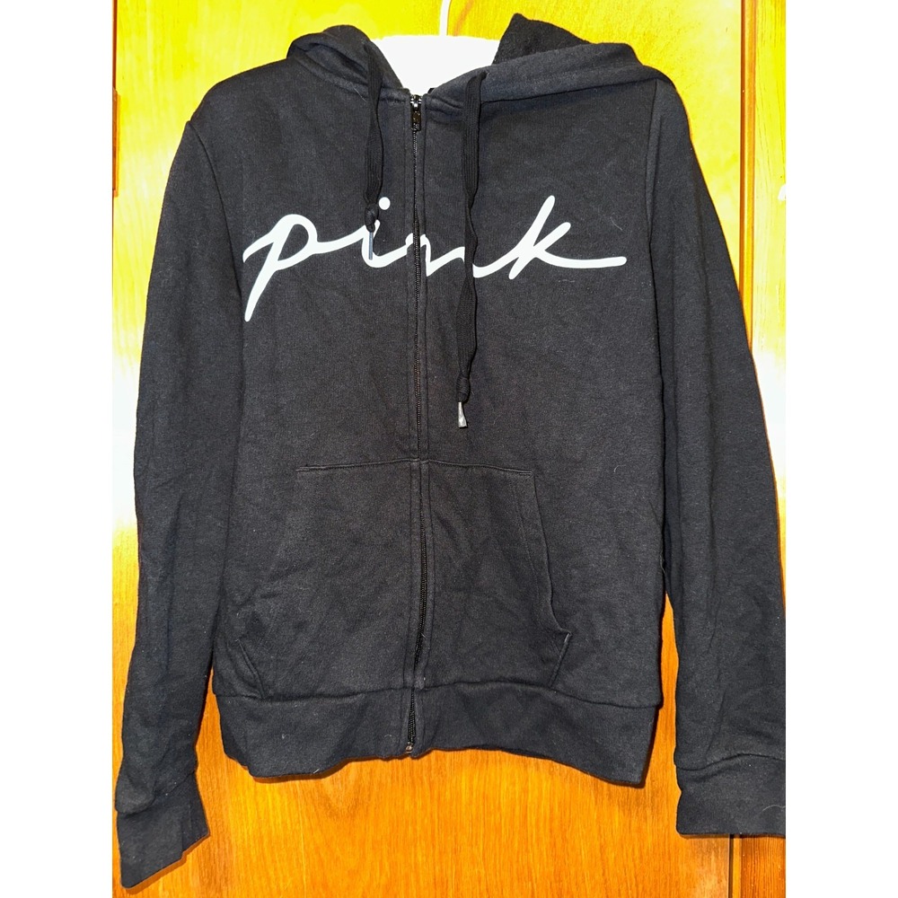 Victoria's Secret PINK Womens M Black White Script Logo Soft Hoodie Sweat‎ Shirt